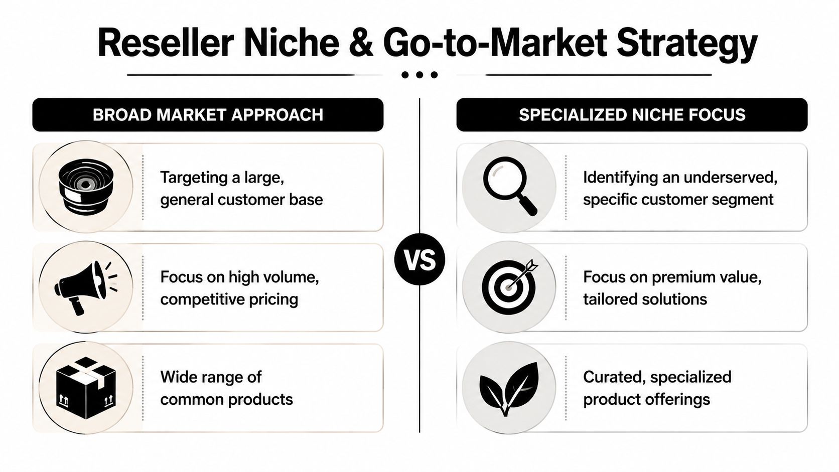 A comparison chart showing the differences between a broad market approach and a specialized niche reseller strategy.