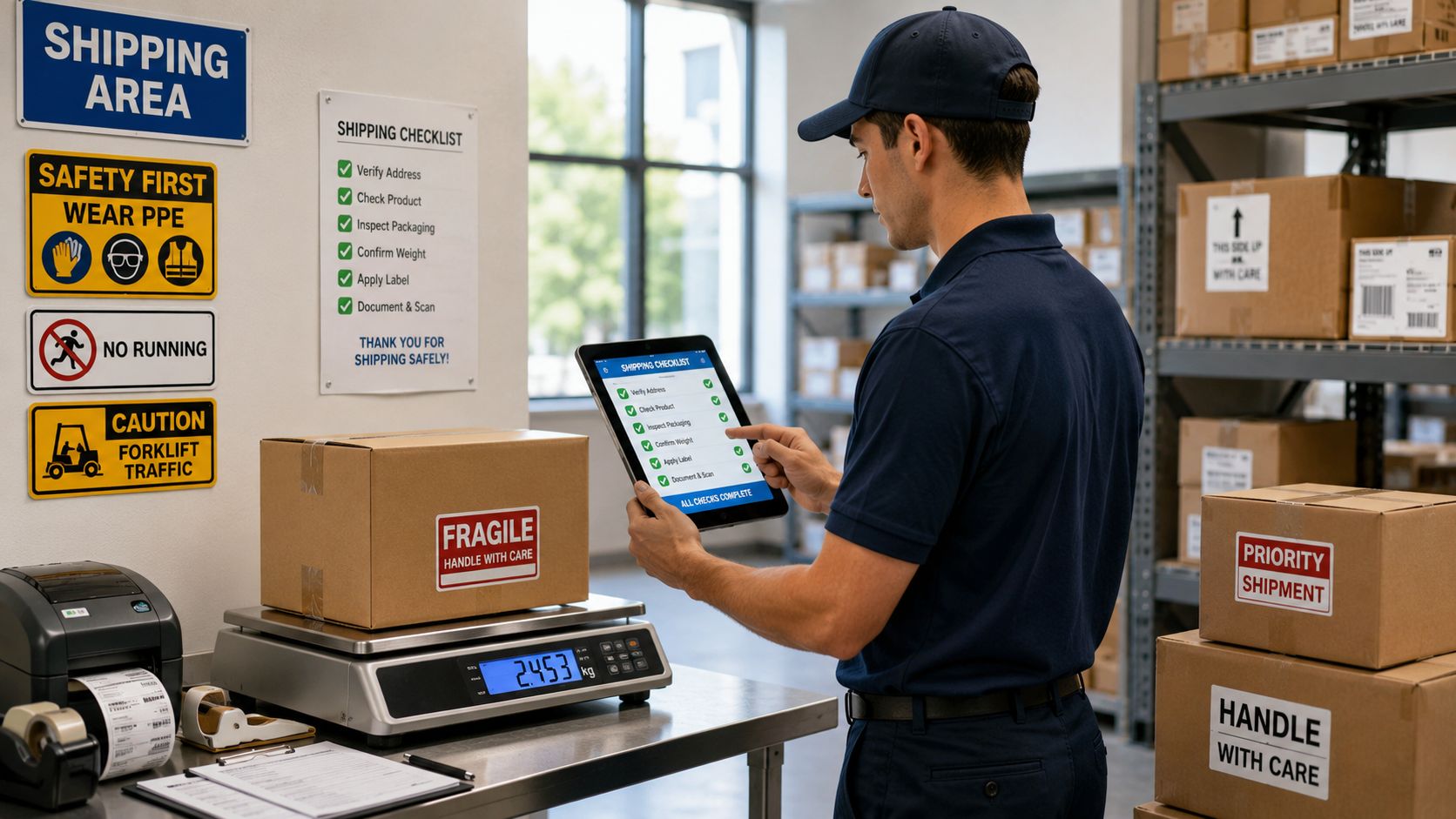 A warehouse worker checking a package on a scale using a digital tablet for shipping verification tasks.