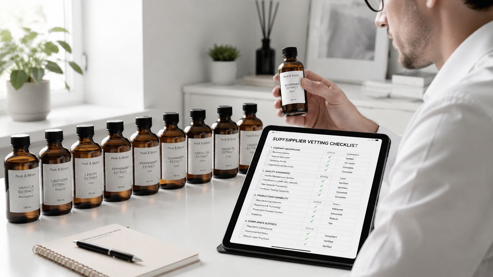 A professional analyzing a bottle of rosemary extract using a digital supplier vetting checklist on a tablet.