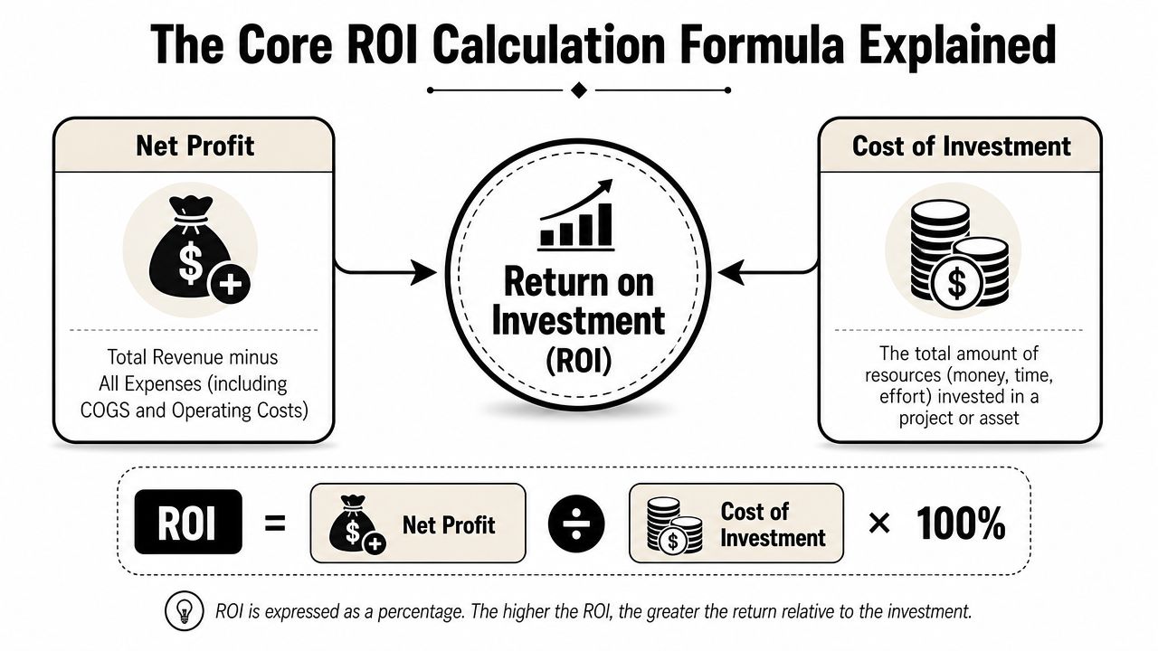An infographic explaining the core ROI calculation formula using net profit and cost of investment components.