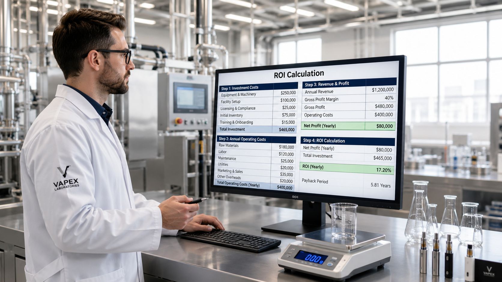 A lab technician reviewing a business ROI calculation display inside a professional industrial Vapex Laboratories facility.
