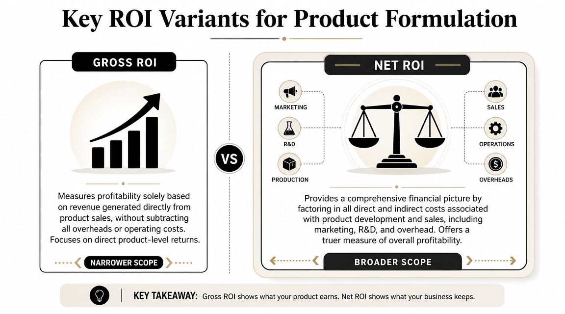 An infographic comparing Gross ROI and Net ROI for product formulation with descriptive definitions and key takeaways.