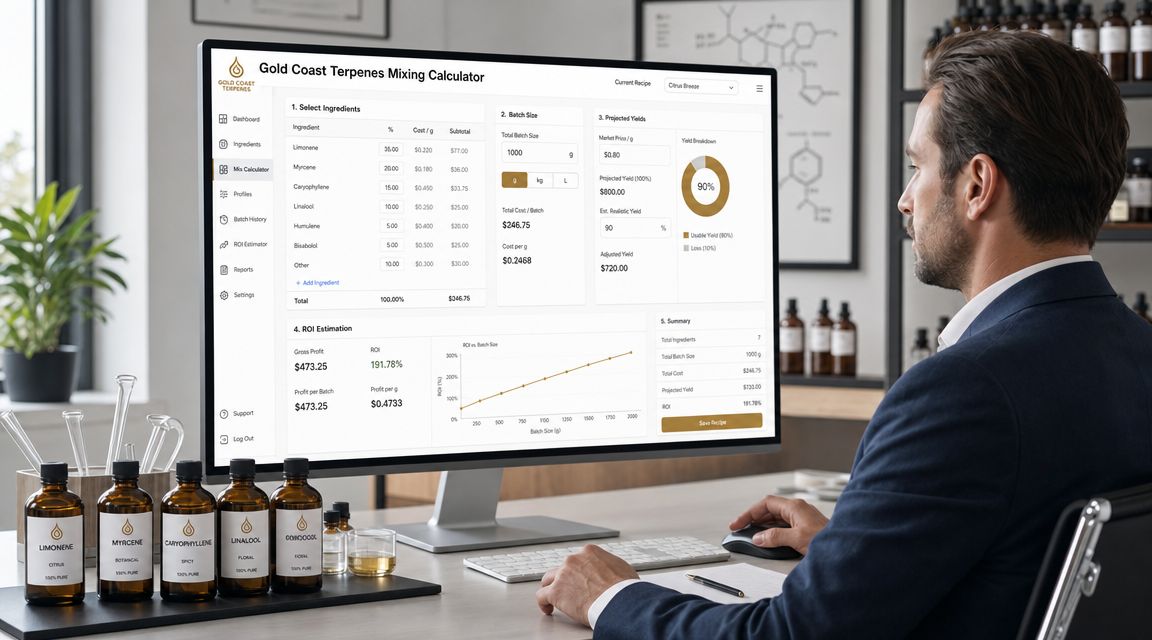 A professional analyzing a terpene mixing calculator and ROI estimation on a large desktop monitor.