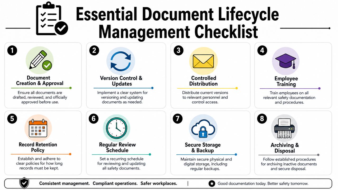 An eight-step checklist infographic outlining essential document lifecycle management practices for workplace safety and compliance.
