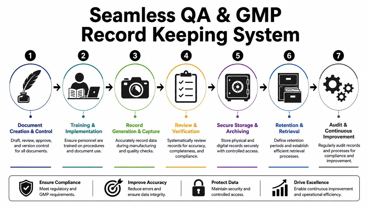 A seven-step flowchart illustrating the seamless QA and GMP record-keeping system for manufacturing and compliance.