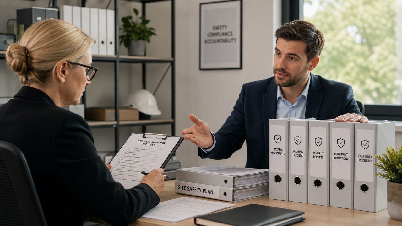 A professional man and woman discussing safety documentation requirements in a modern corporate office setting.