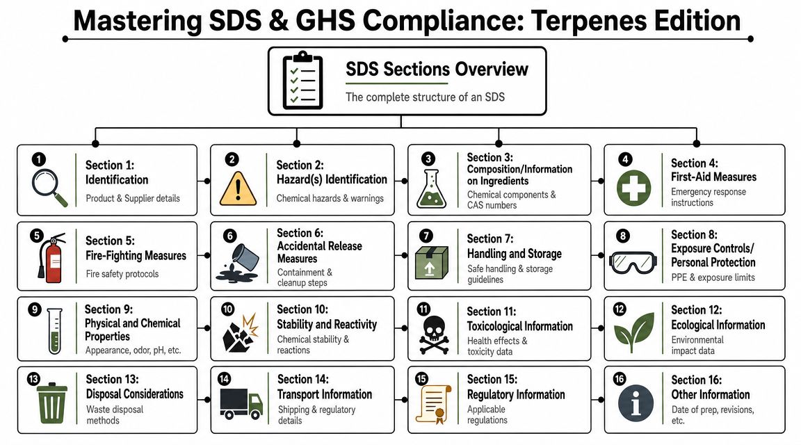 A diagram outlining the sixteen sections of a Safety Data Sheet for terpene compliance and chemical safety.