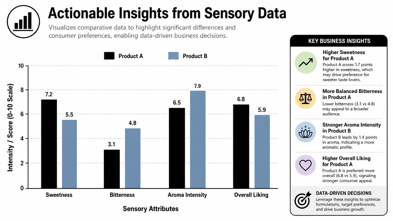A bar chart comparing Product A and Product B across four sensory attributes and overall consumer liking.