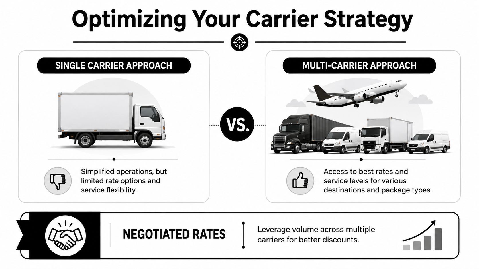 An infographic comparing single versus multi-carrier shipping strategies to highlight cost savings and operational benefits.