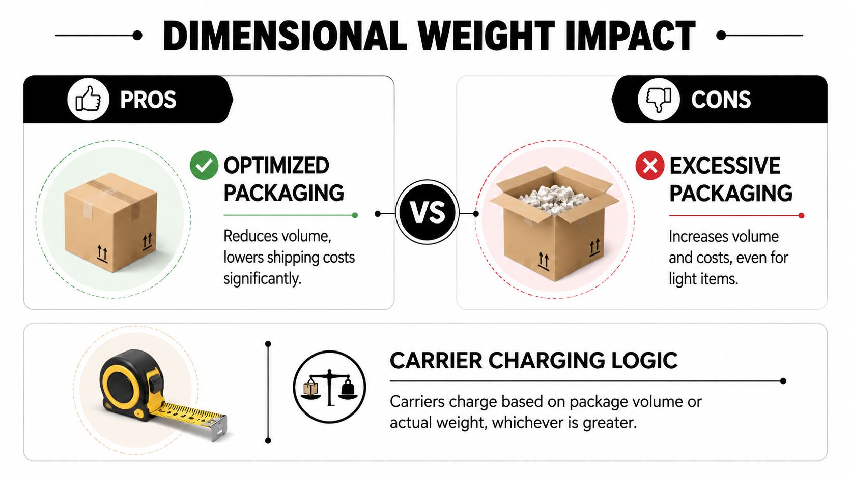 An infographic comparing optimized versus excessive packaging and how dimensional weight affects carrier shipping costs.