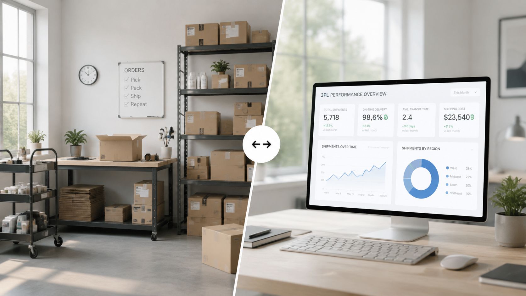 A split screen comparing a physical warehouse shipping station and a digital logistics performance monitoring dashboard.