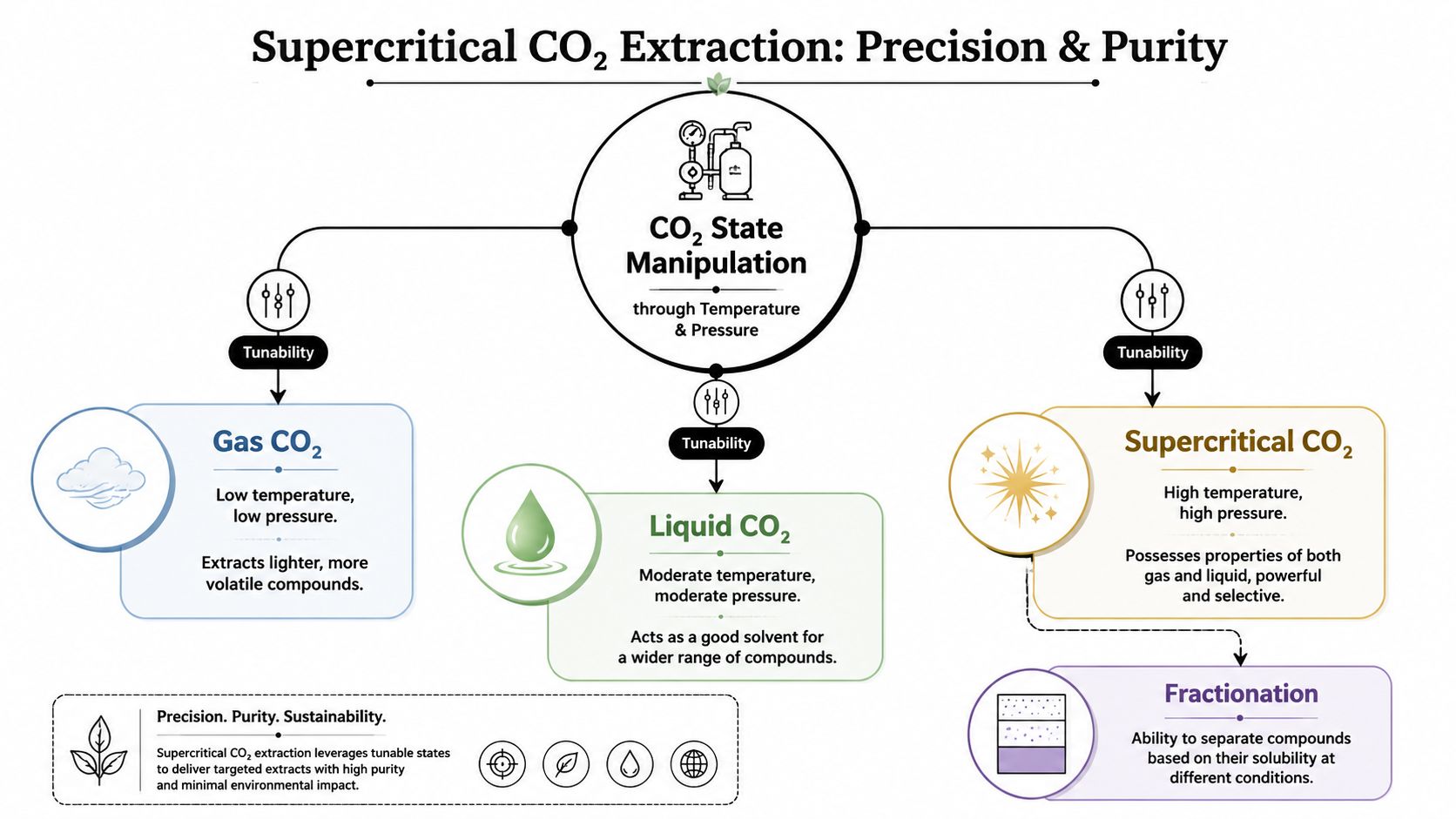 A diagram illustrating the supercritical CO2 extraction process, showing state manipulation of gas, liquid, and supercritical CO2.