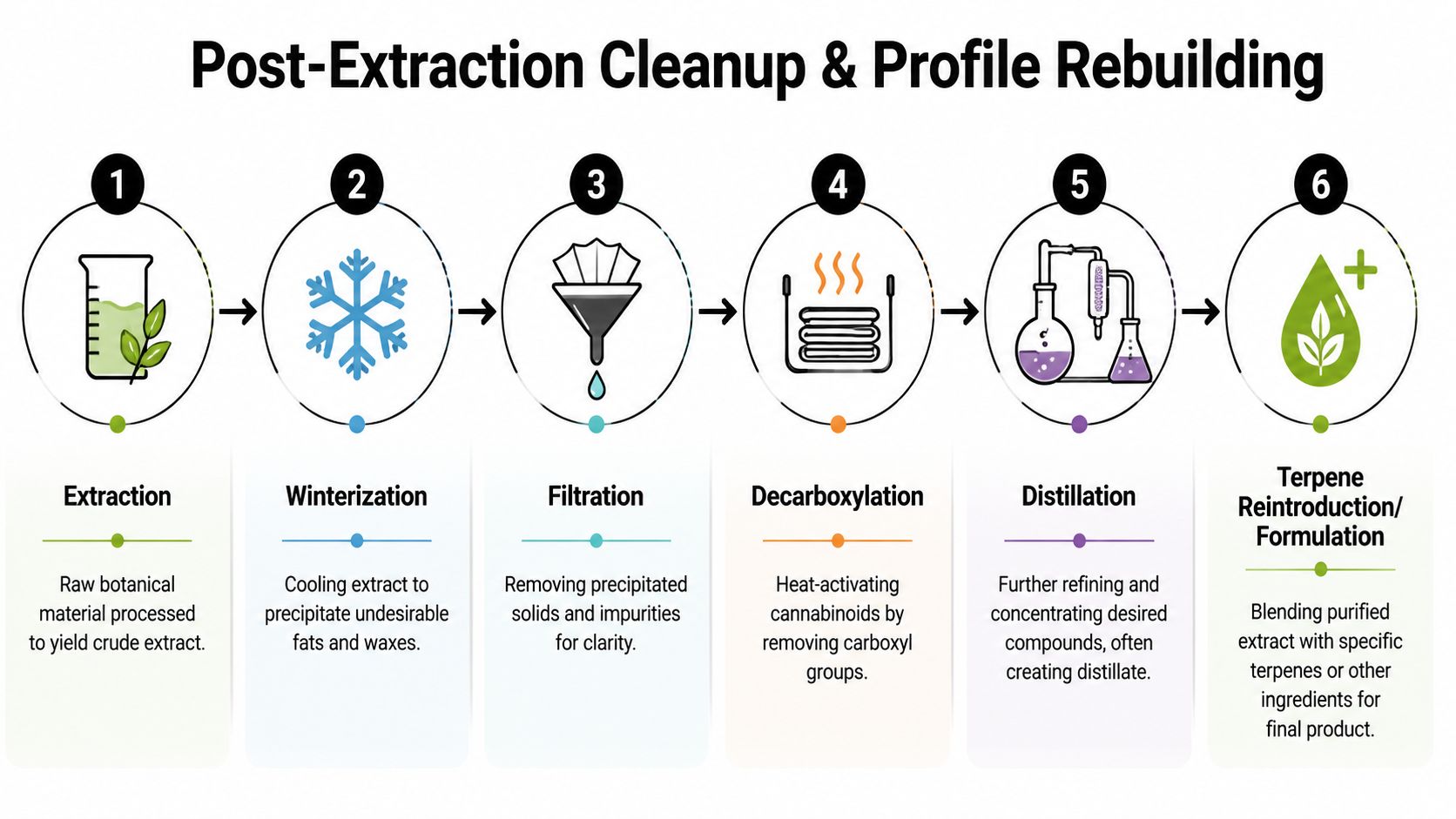 A six-step infographic illustrating the botanical post-extraction cleanup and terpene profile rebuilding process for cannabis concentrates.