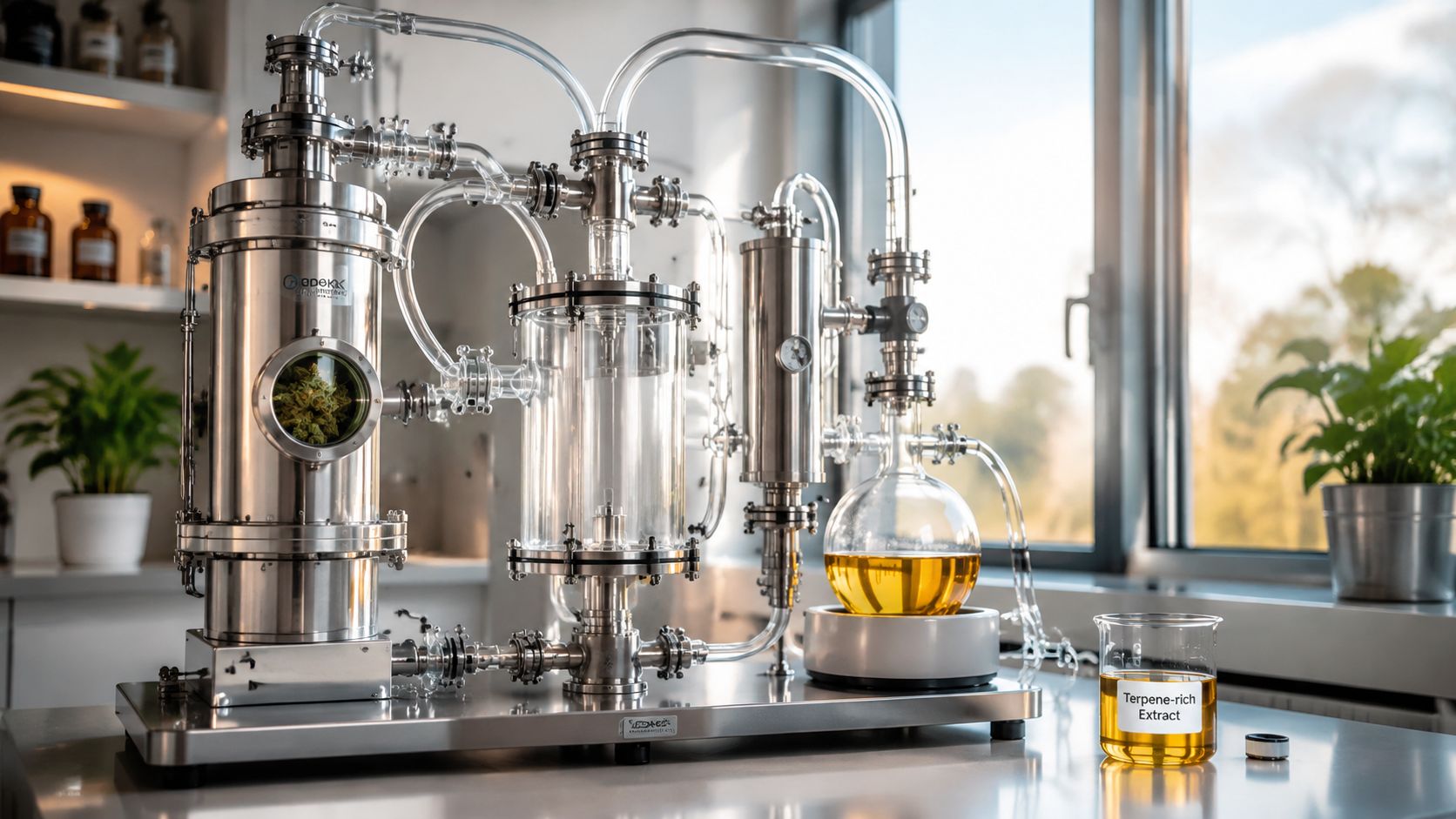 A professional scientific apparatus used for the extraction of plant terpenes in a laboratory setting.