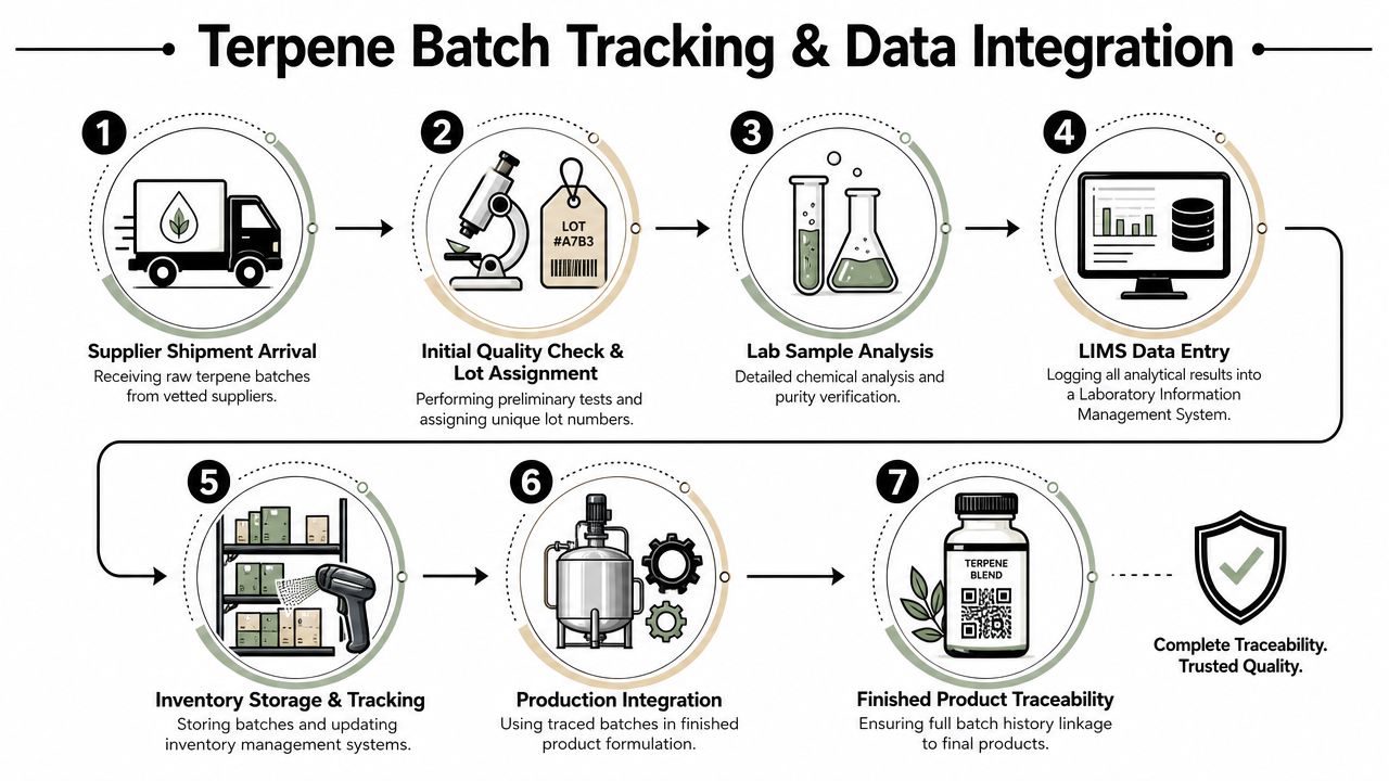 A diagram illustrating the seven-step process of terpene batch tracking and data integration within a supply chain.