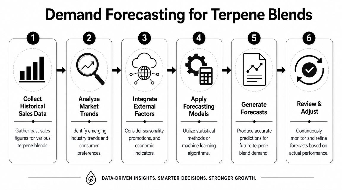 A six-step infographic detailing the demand forecasting process for businesses producing various terpene blends.