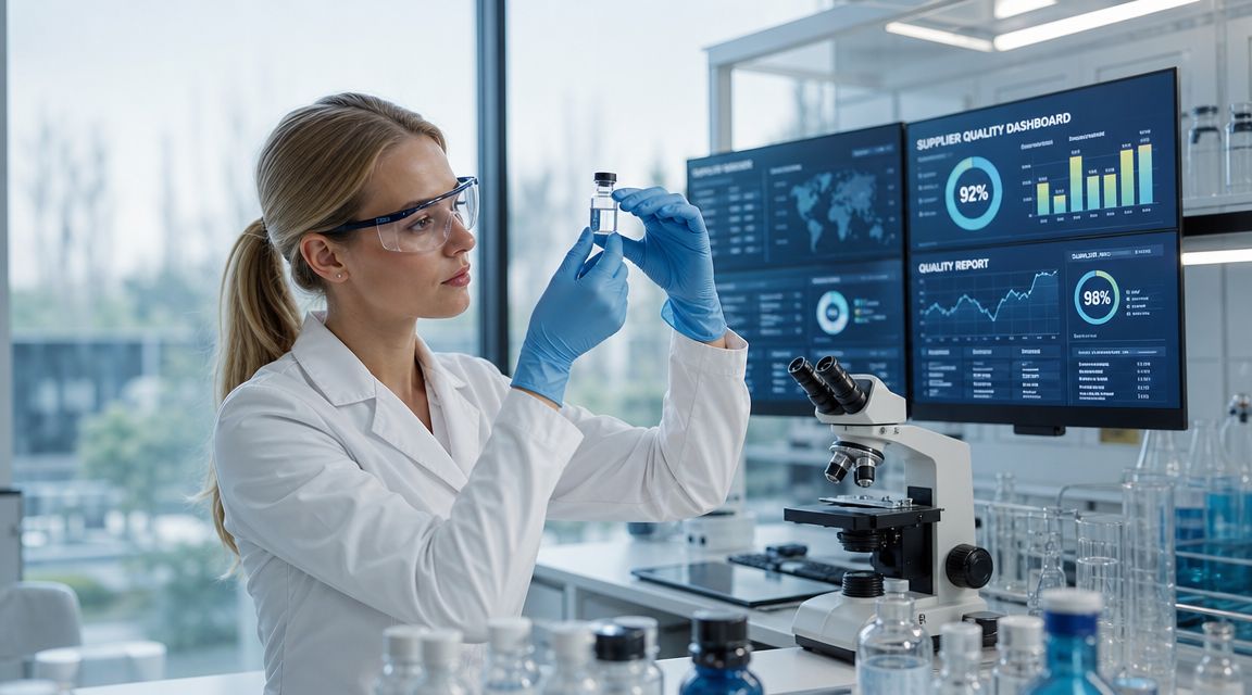 A female scientist in a laboratory holding a small vial while monitoring supply chain data on screens.