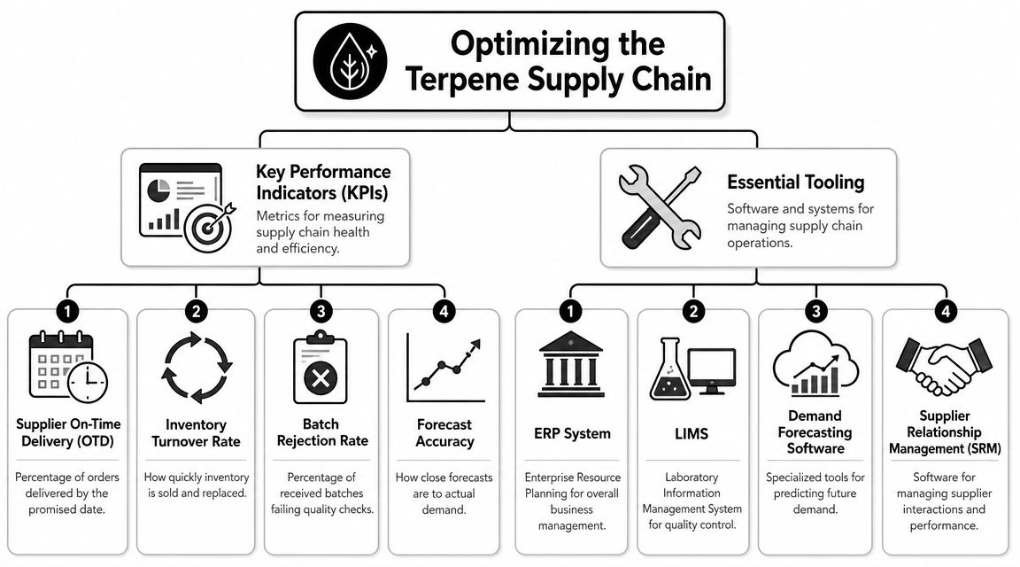 A diagram outlining key performance indicators and essential software tools for optimizing the terpene supply chain.