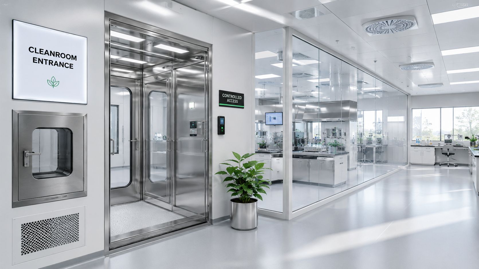 A cleanroom entrance with stainless steel airlock doors in a modern, sterile pharmaceutical or scientific laboratory facility.