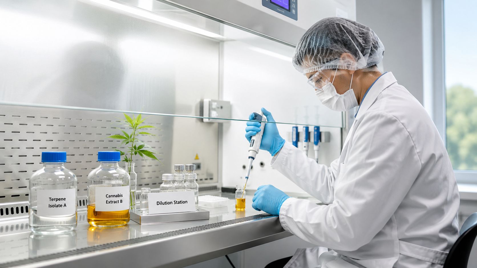 A scientist in a lab coat and mask performing precise liquid analysis with a pipette in a sterile cabinet.