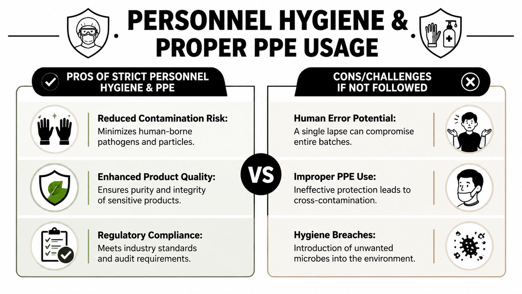 An infographic comparing the benefits of strict personal hygiene and PPE versus the risks of poor compliance.