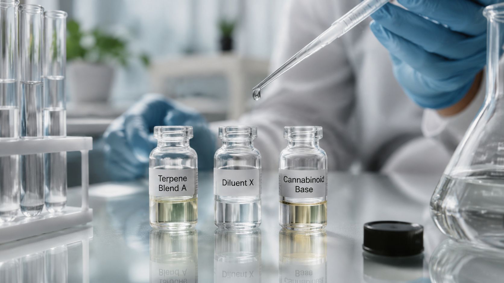 A scientist in blue gloves uses a dropper to mix liquids in small labeled glass laboratory vials.