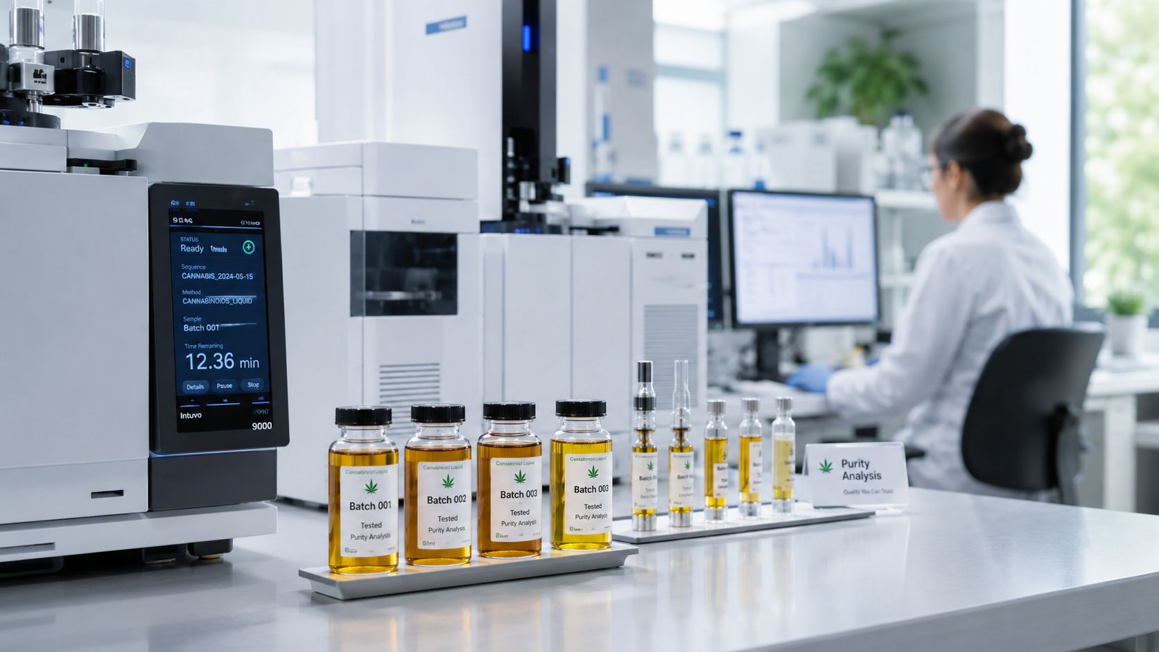 Scientist working in a laboratory with cannabis liquid samples and gas chromatography equipment for purity analysis.