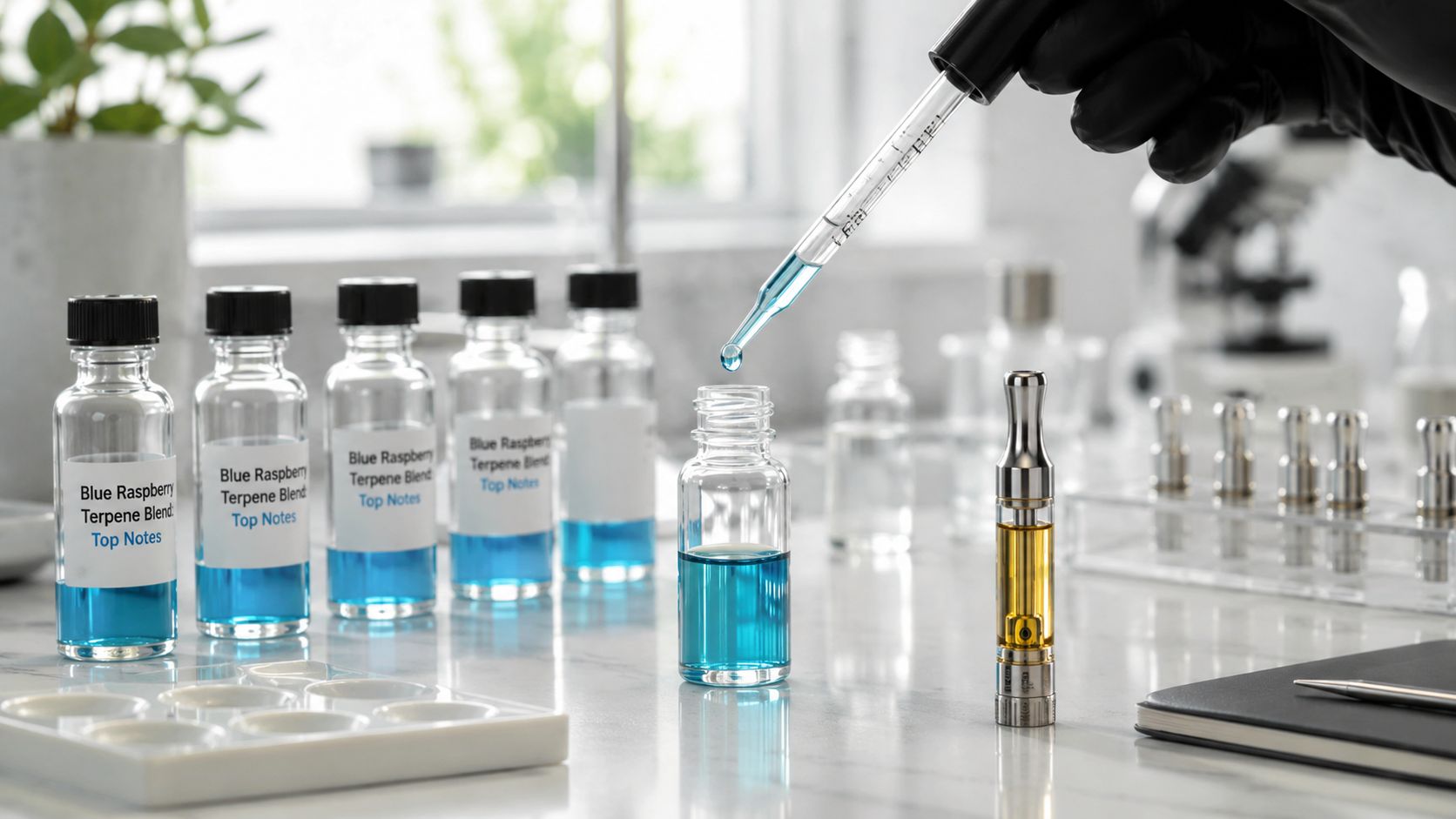 A gloved hand uses a pipette to fill a glass vial with blue raspberry terpene blend liquid.