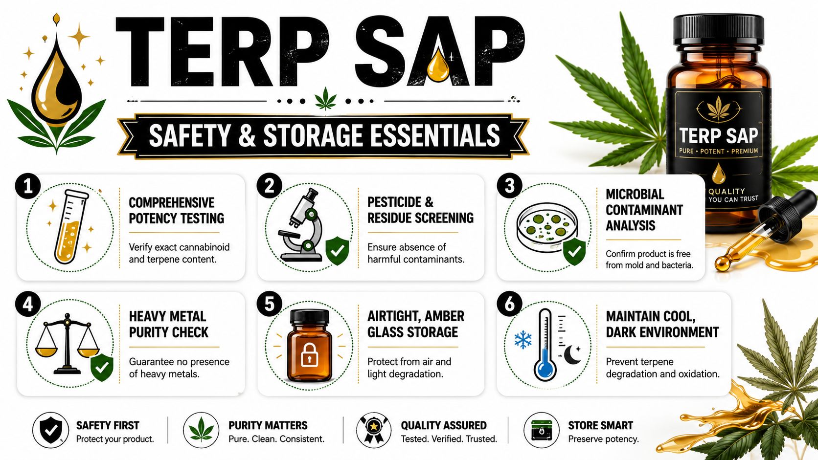 An infographic detailing safety, purity testing, and storage essentials for cannabis terp sap extract products.