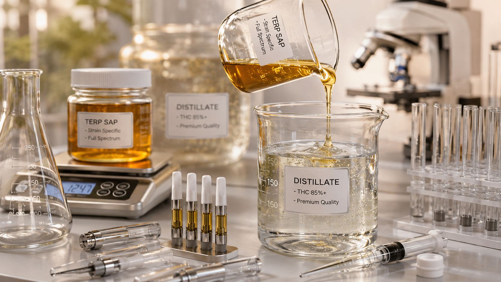 A laboratory table featuring beakers, glass vials, and syringes filled with terp sap and cannabis distillate liquid.