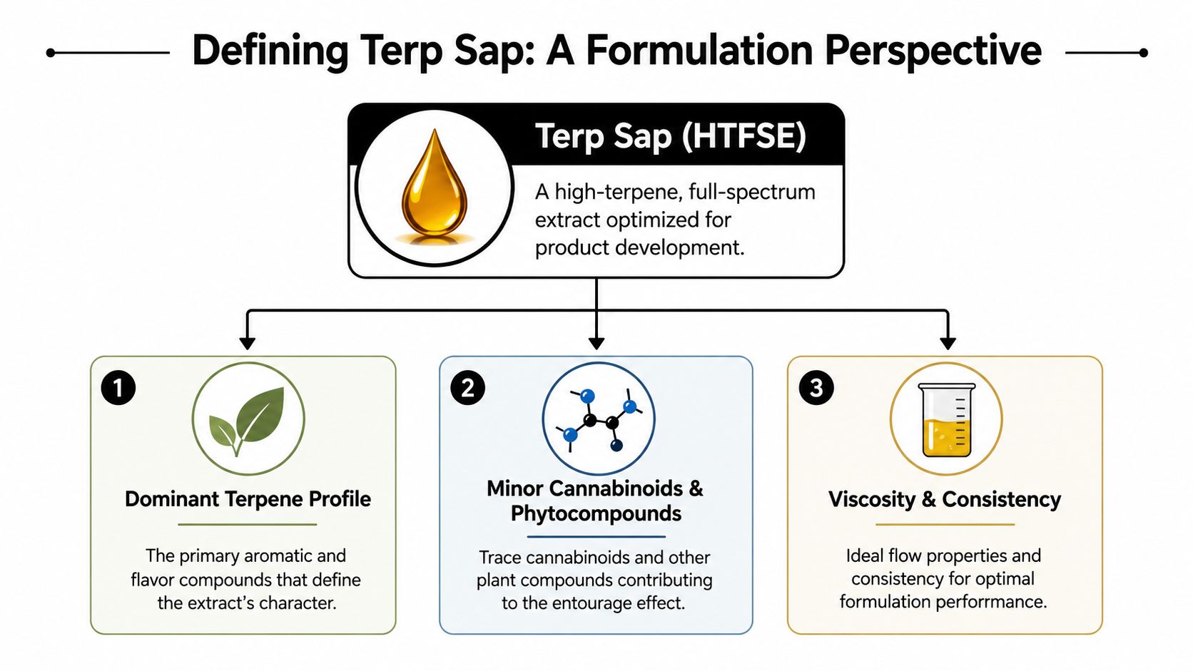 An infographic defining terp sap as a high-terpene, full-spectrum extract with specific properties for product formulation.