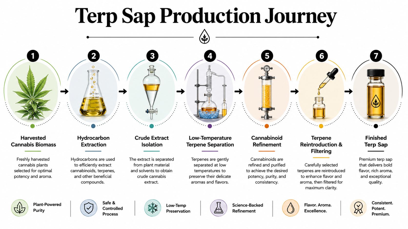 A step-by-step infographic illustrating the seven-stage production journey of cannabis terp sap from harvest to refinement.