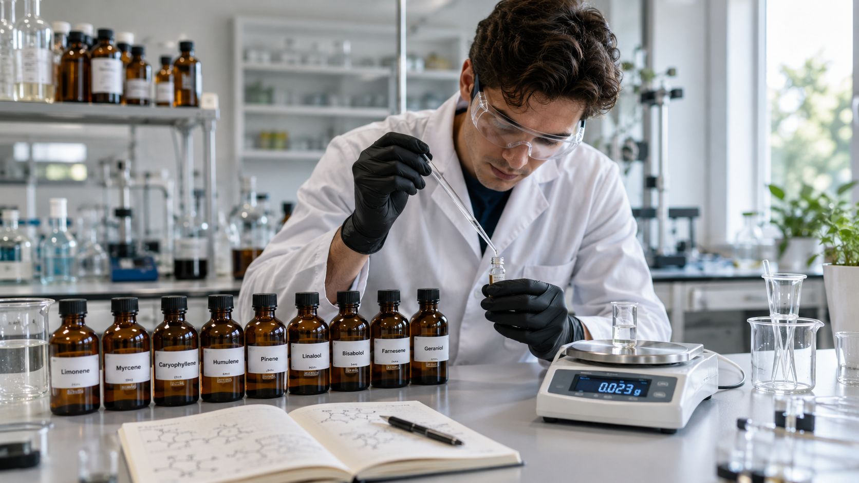 A scientist in a laboratory accurately measures white truffle strain terpenes using a pipette and scale.