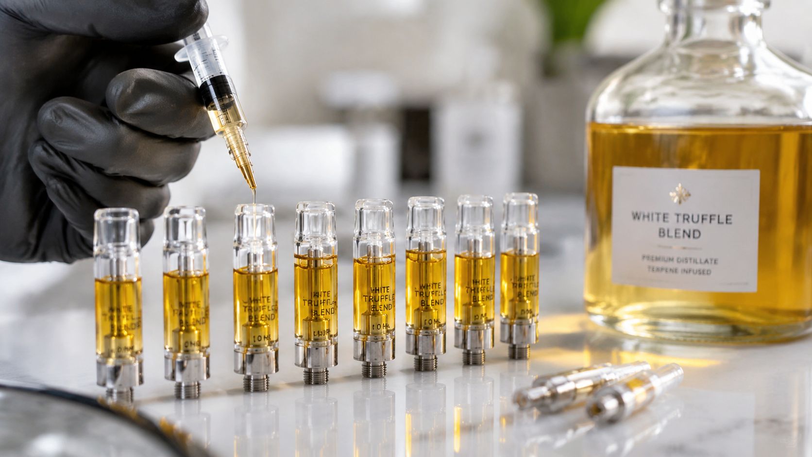 A hand in a black glove uses a syringe to fill small glass vape cartridges with golden oil.