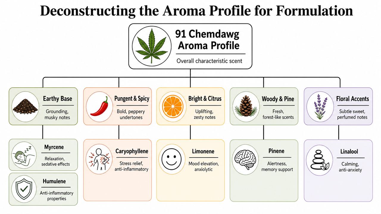A diagram illustrating the aroma profile of 91 Chemdawg, detailing terpene categories and their therapeutic effects.