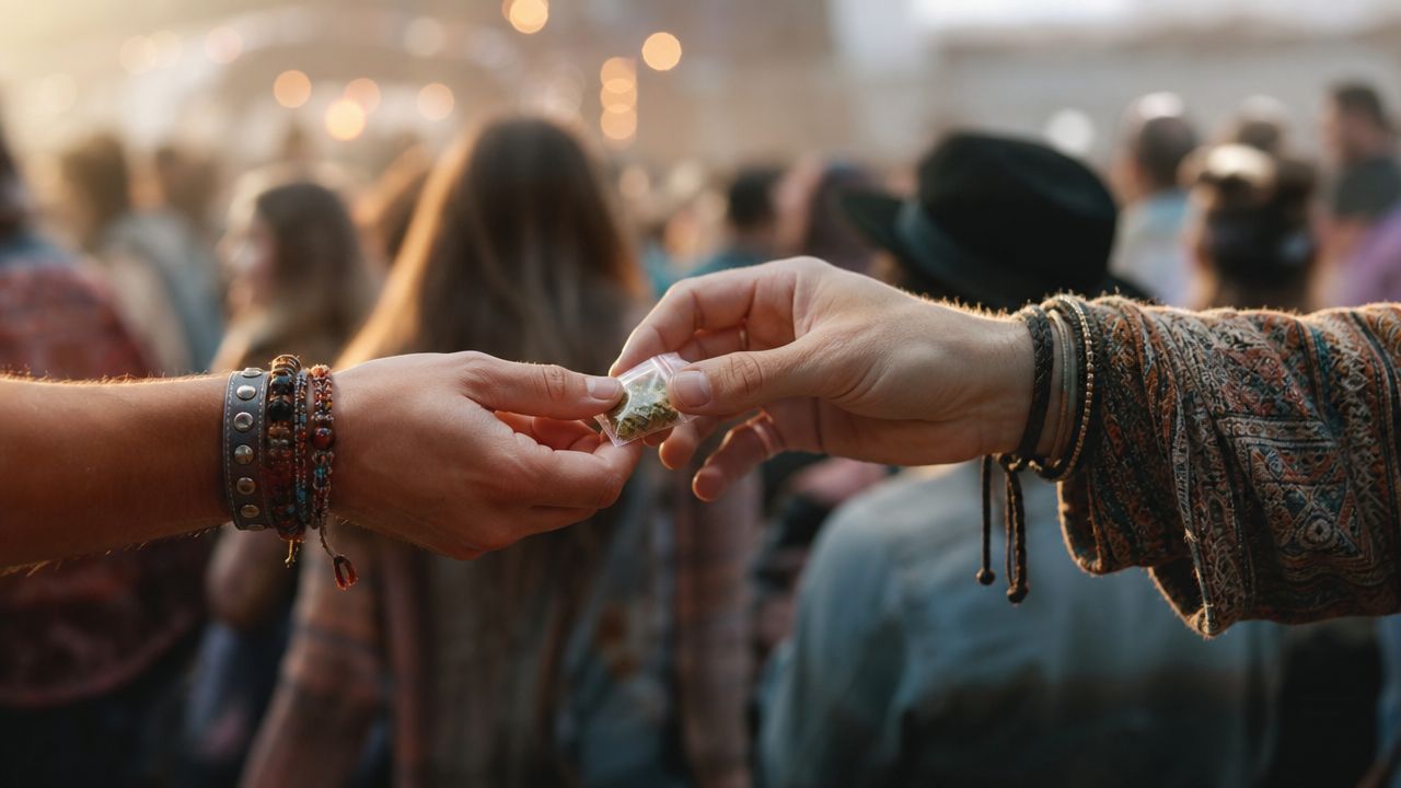 Two people exchanging a small plastic bag of marijuana in a crowd at an outdoor music festival.