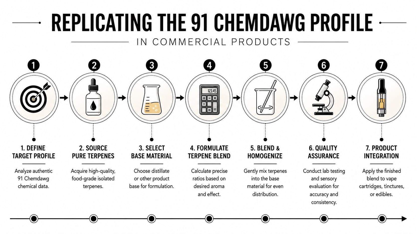 A step-by-step infographic illustrating the seven-stage commercial process for replicating the 91 Chemdawg terpene profile.