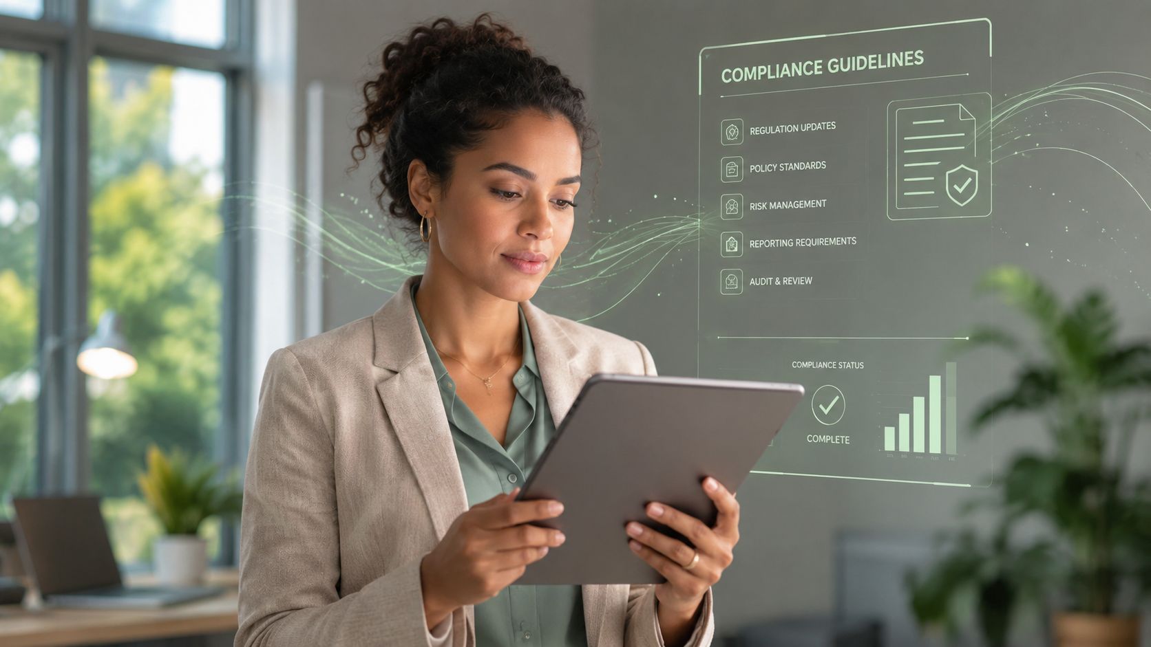 A professional woman uses a digital tablet while viewing a holographic interface showcasing compliance guidelines and data analytics.