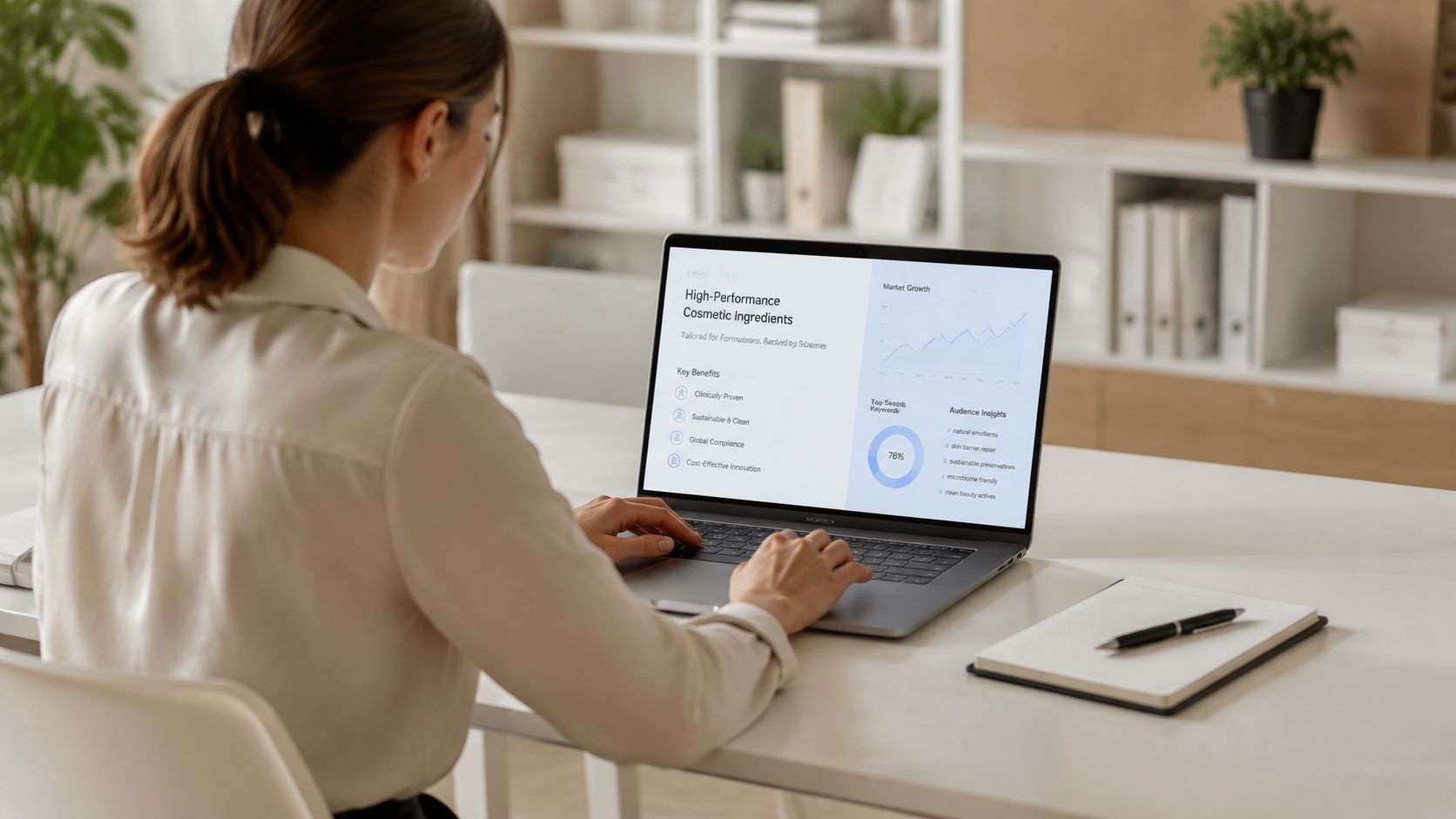 A professional woman working on a laptop displaying data about high-performance cosmetic ingredients in a modern office.