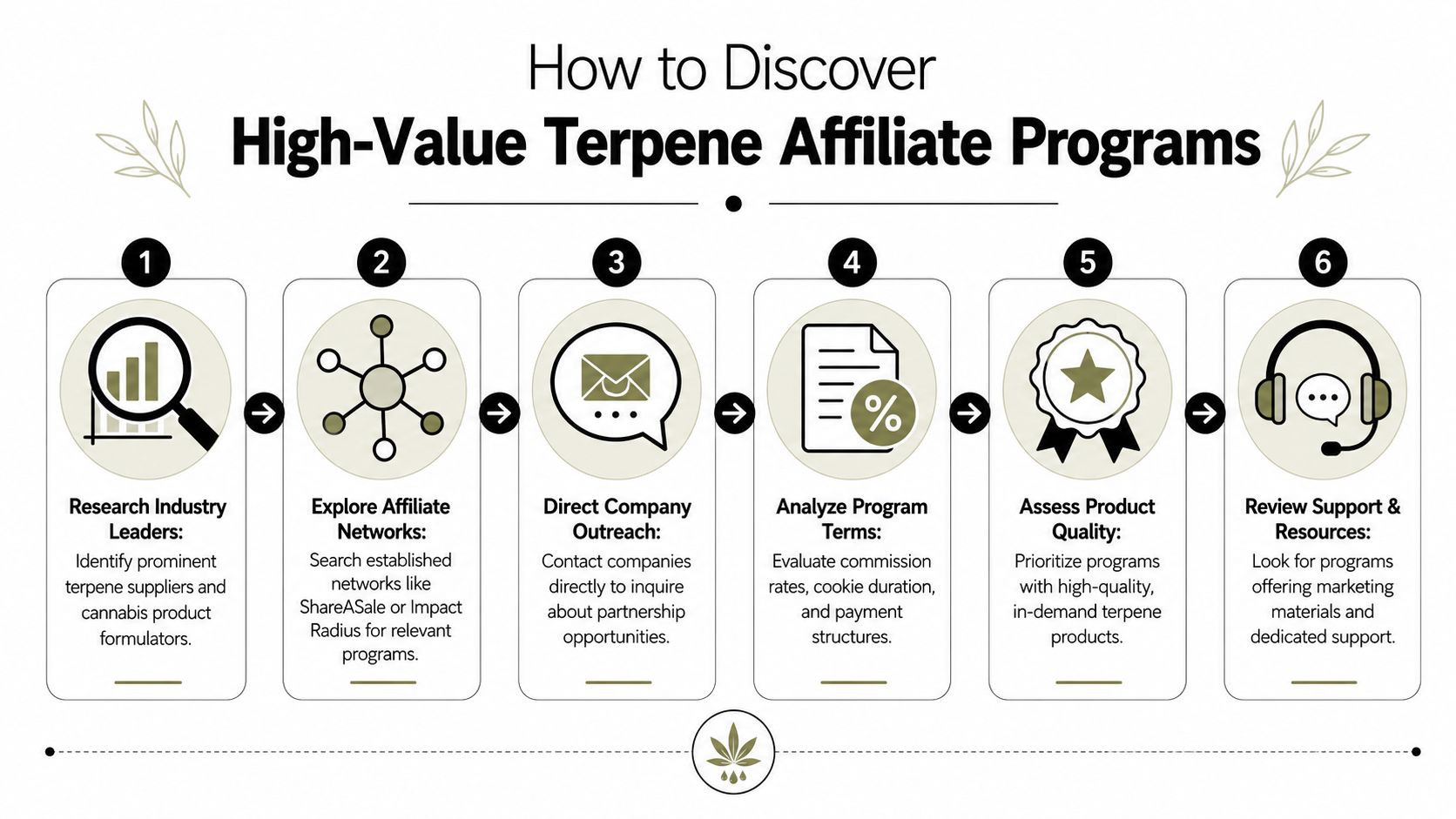 A six-step infographic guide explaining how to discover and evaluate high-value terpene affiliate marketing programs efficiently.