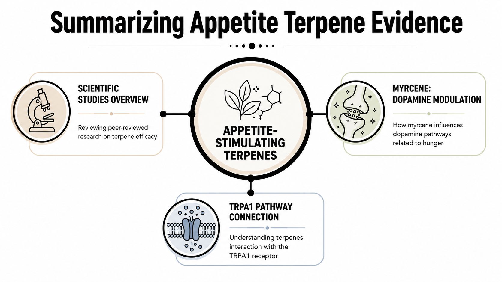 A diagram summarizing the effects of appetite stimulating terpenes, including scientific studies, myrcene, and TRPA1 pathways.