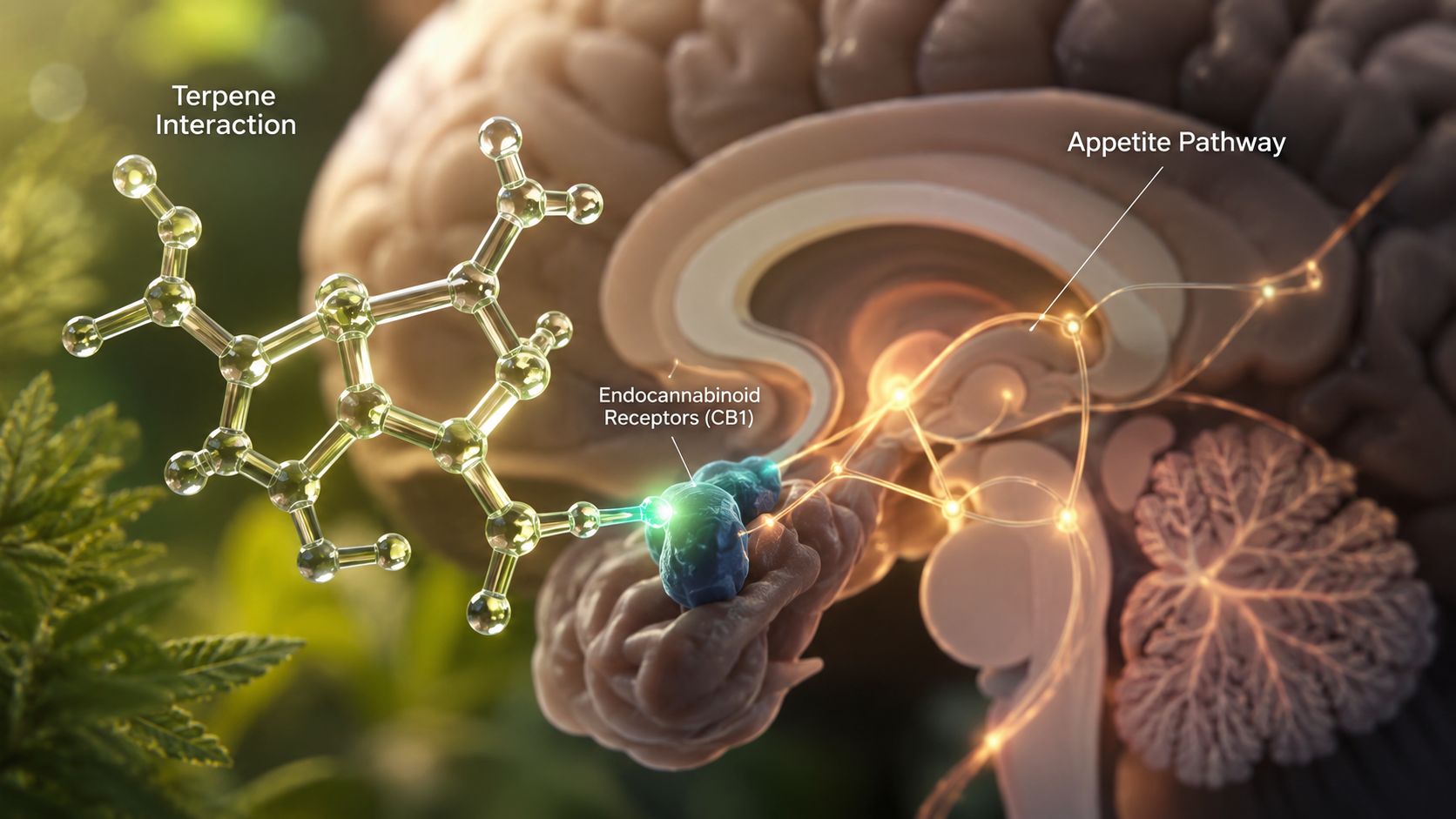A conceptual diagram showing a chemical molecule interacting with brain endocannabinoid receptors to regulate the appetite pathway.