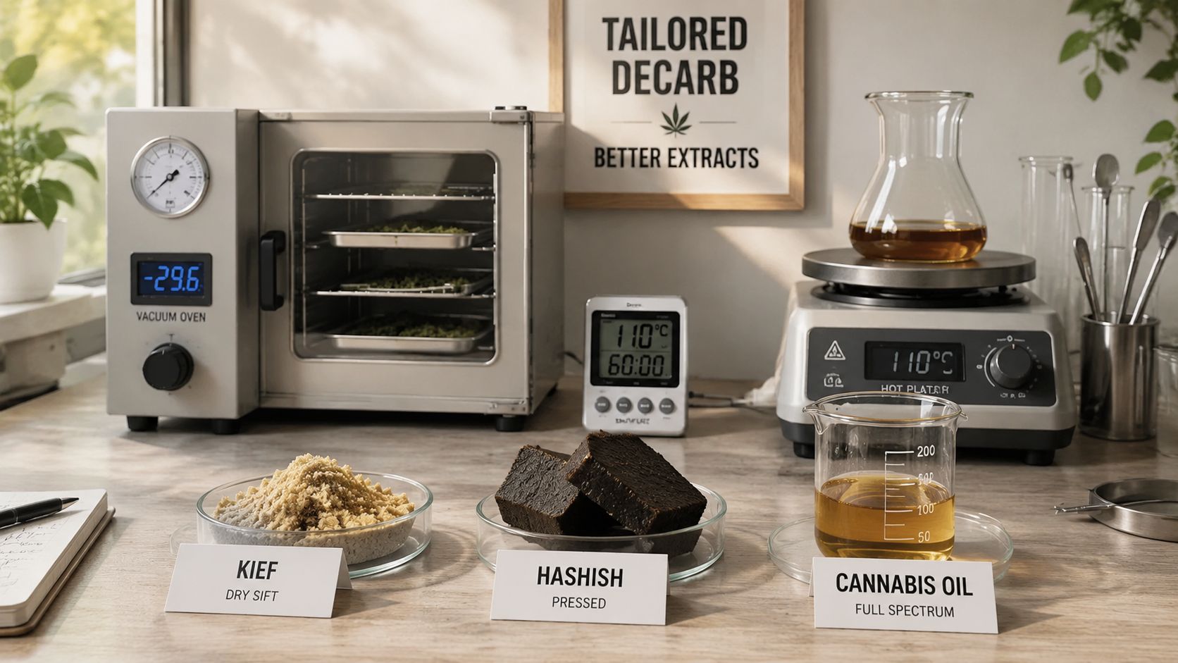 Laboratory setup for cannabis extraction featuring a vacuum oven, hot plate, kief, hashish, and cannabis oil.