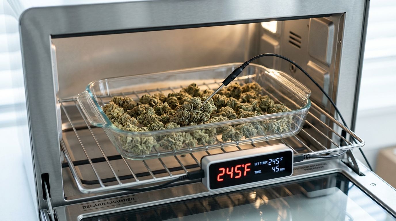 A glass tray filled with cannabis buds inside a specialized decarboxylation machine set to 245 degrees Fahrenheit.
