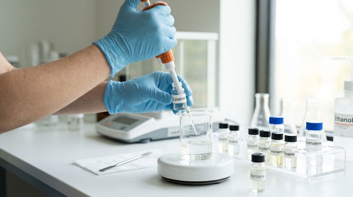 A laboratory scientist wearing blue gloves precisely pipettes Linalool into a glass beaker for a chemical analysis experiment.