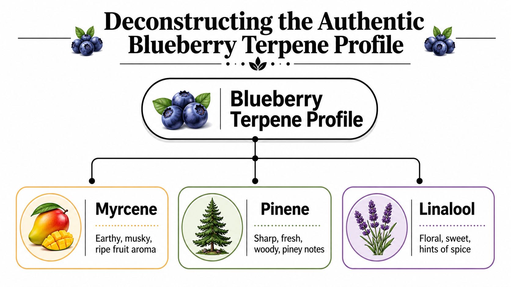 A diagram illustrating the blueberry terpene profile, showcasing myrcene, pinene, and linalool with their sensory characteristics.