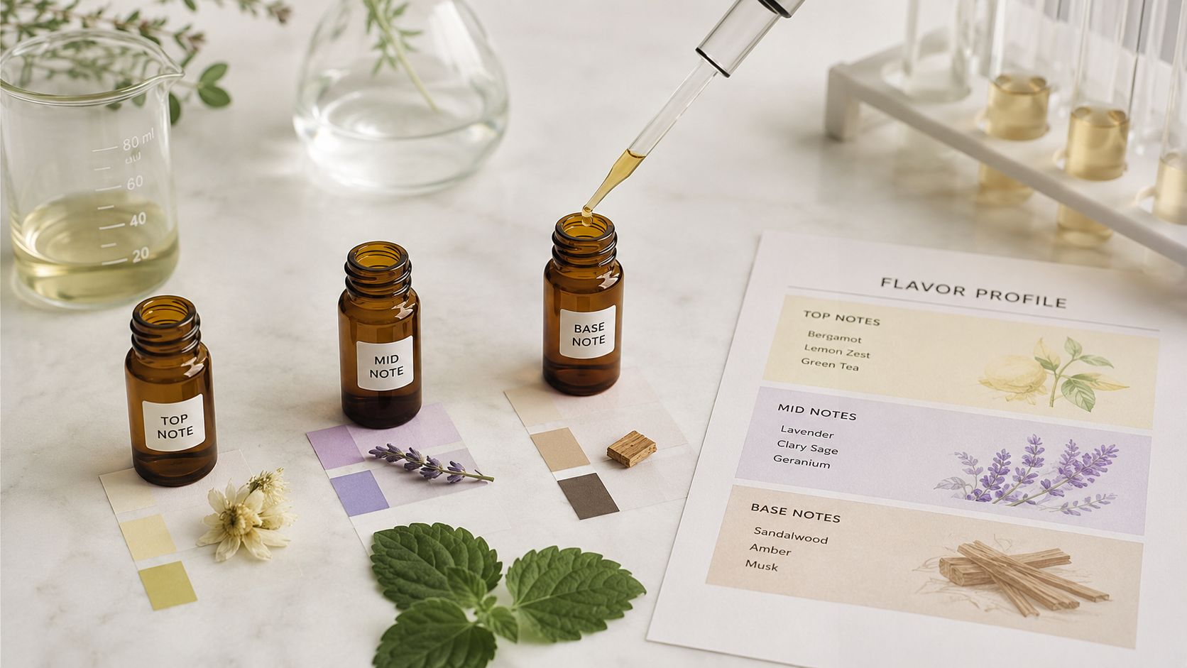 A laboratory table with amber essential oil bottles, a dropper, scent test strips, and a flavor profile sheet.