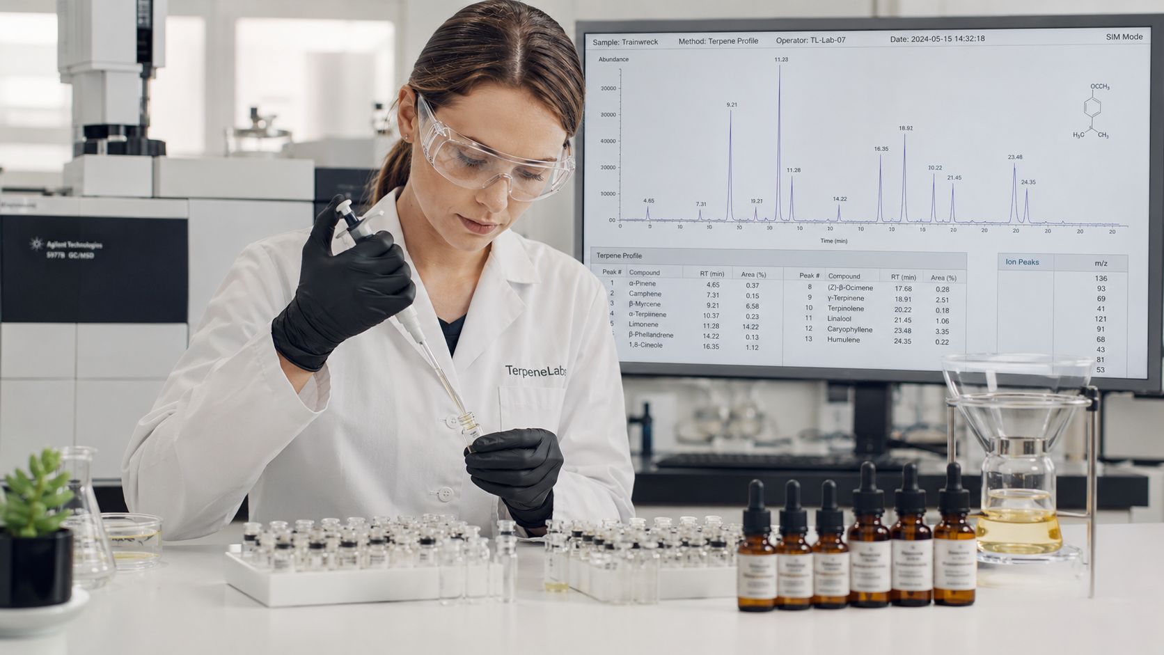 A female chemist wearing a white lab coat and black gloves uses a pipette in a laboratory setting.
