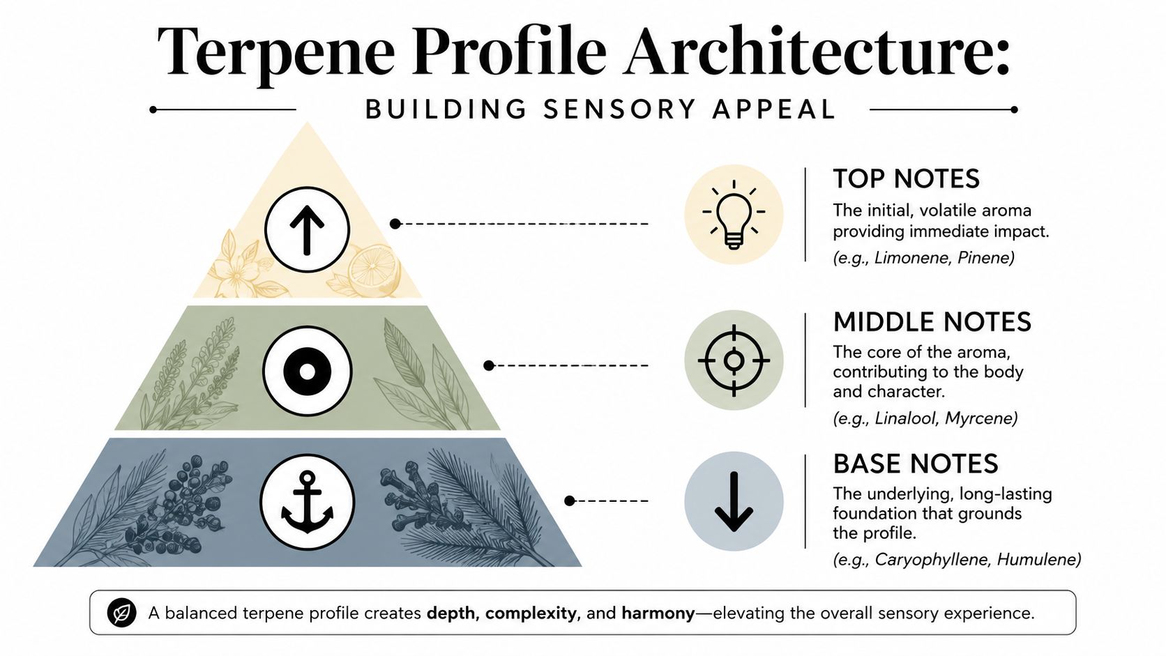 A hierarchical pyramid chart explaining the structure of terpene profiles using top, middle, and base notes.