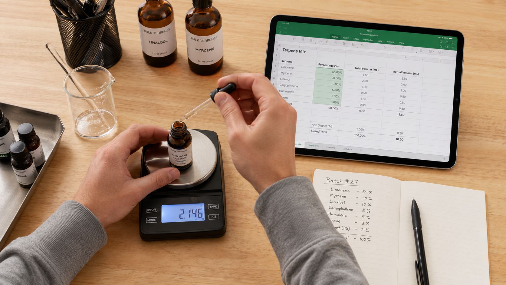 A person weighing liquid using a digital scale while referencing a terpene mix formula on a tablet.